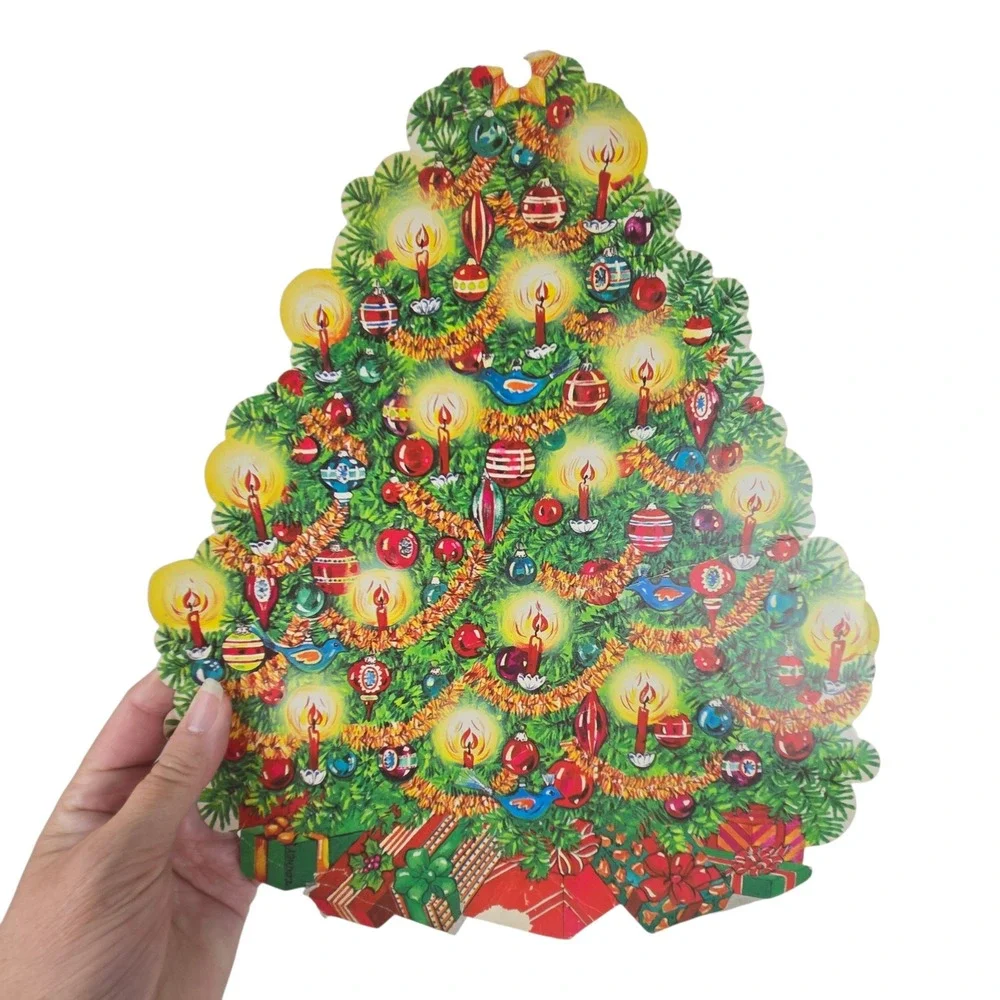 5 Vtg 60s Christmas Paper Cutouts Double Sided Snowman Reindeer Tree USA READ